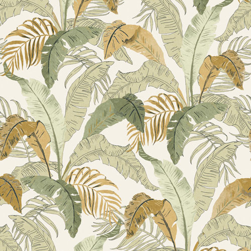 Green and Yellow Wallpaper with Leaves, Large-Scale Pattern