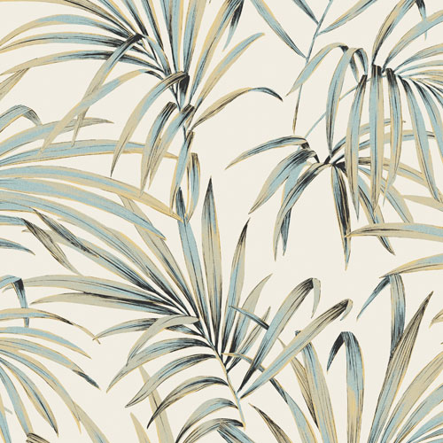 Beige, Blue Wallpaper with Leaves, Large-Scale Pattern