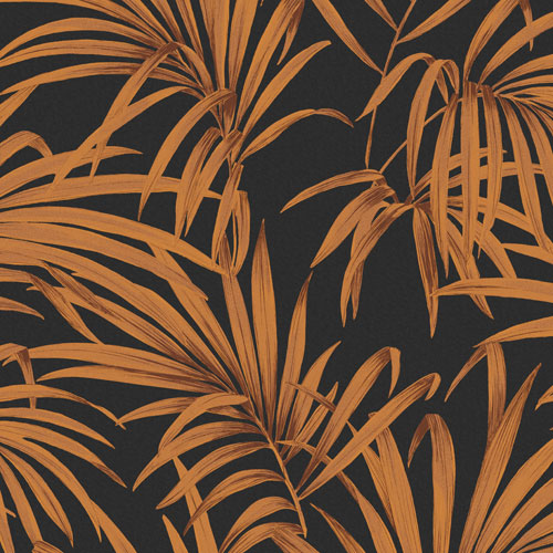 Copper, Black Wallpaper with Leaves, Large-Scale Pattern