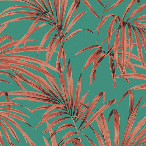 Green, Red Wallpaper with Leaves, Large-Scale Pattern