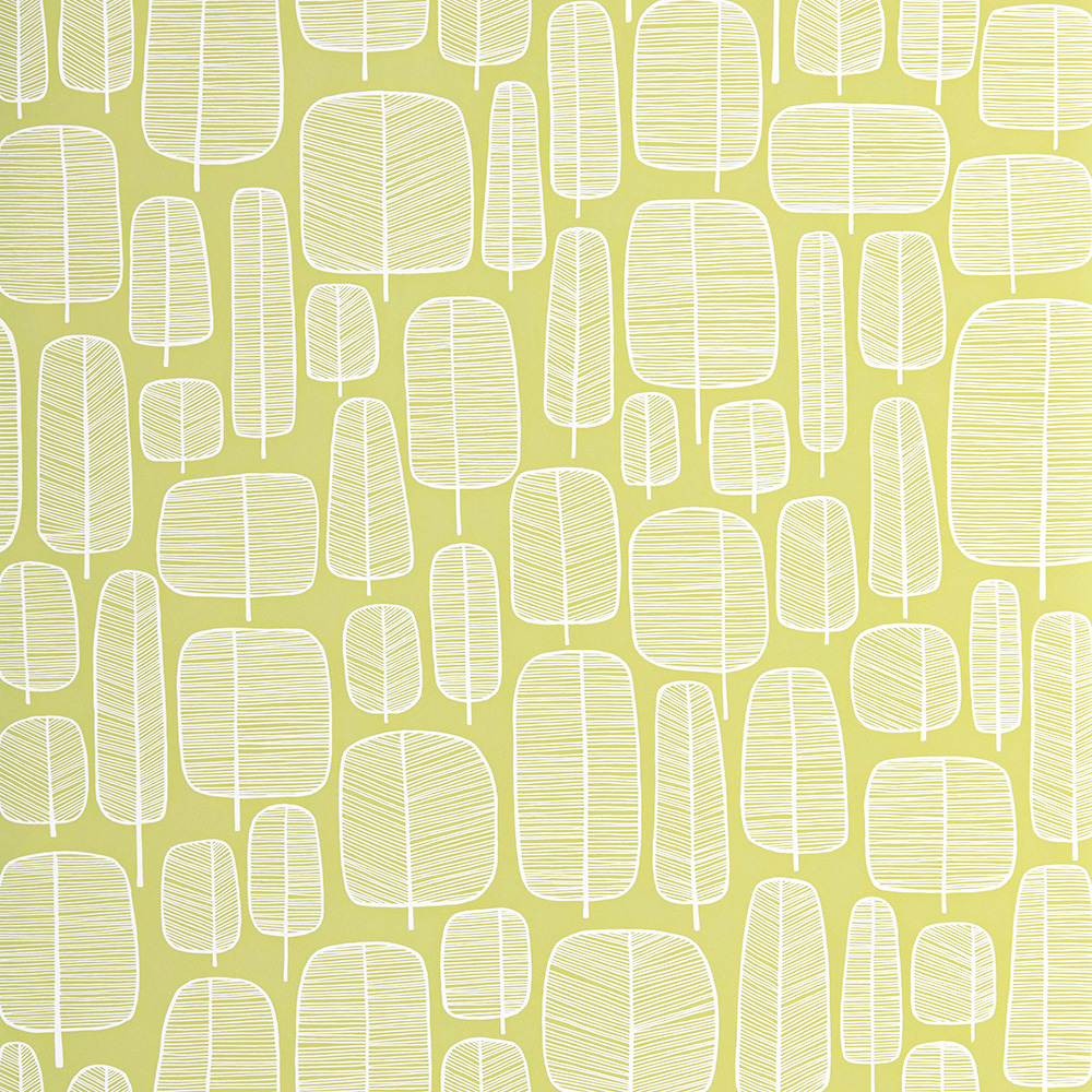 Green Wallpaper with Retro, Forest Pattern