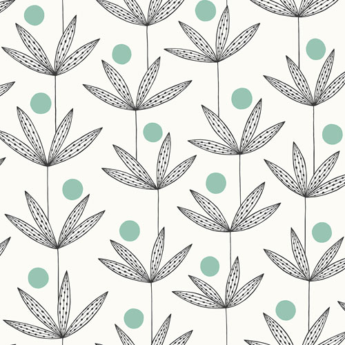 White, Turquoise, Black Wallpaper with Floral, Leaf, and Retro Patterns