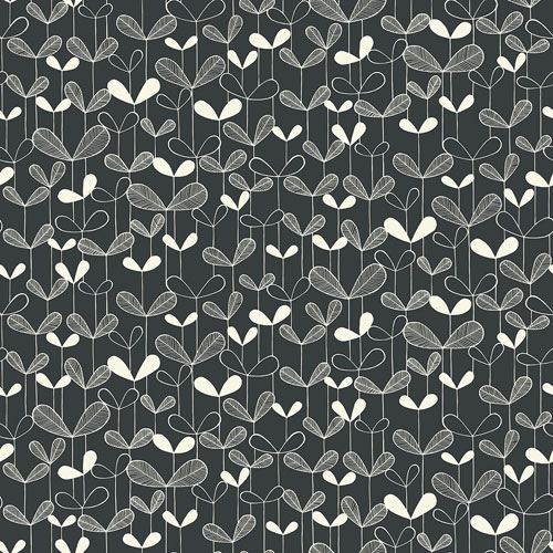 Black, Black-and-White Wallpaper with Leaves, Retro Pattern