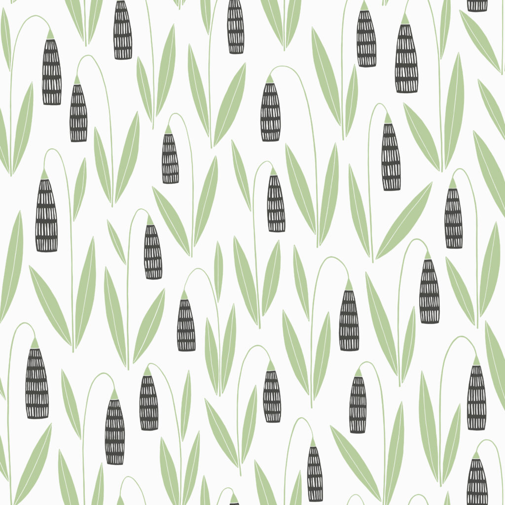 Green wallpaper with a floral, retro pattern