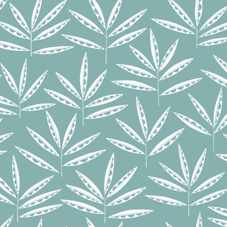 Turquoise Wallpaper with Leaves, Retro Pattern