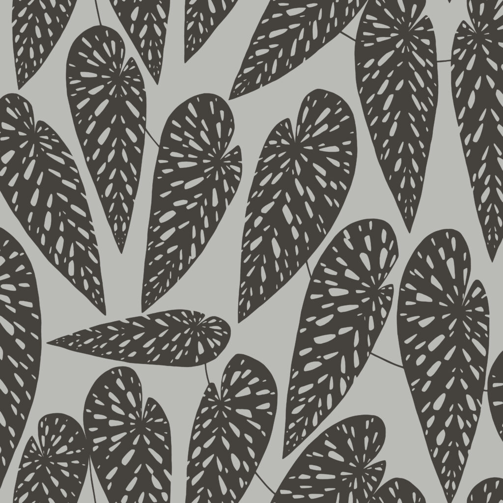 Gray, Black Wallpaper with Leaves, Retro, Large-Scale Pattern