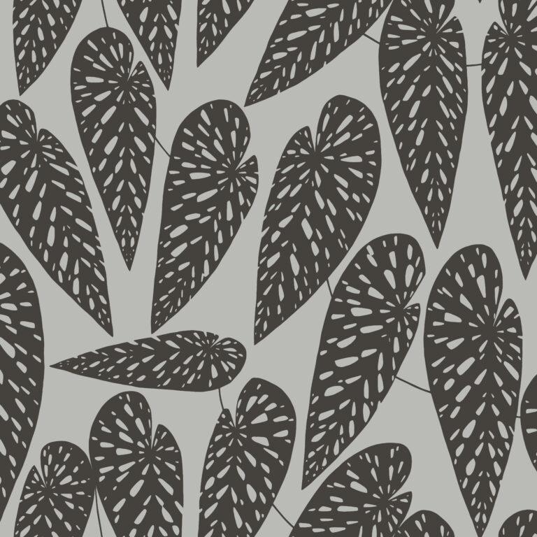 Gray, Black Wallpaper with Leaves, Retro, Large-Scale Pattern