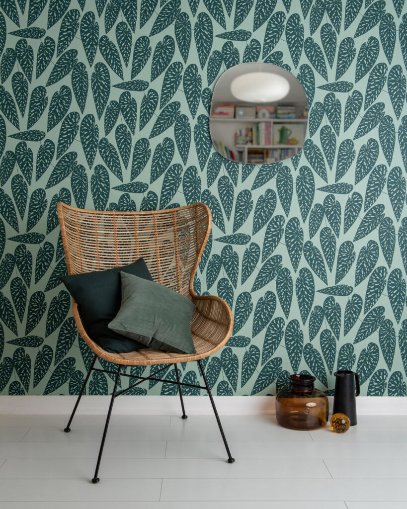 green retro wallpaper with leaves
