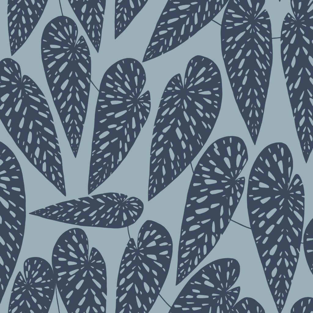 Blue Wallpaper with Leaves, Retro, Large-Scale Pattern