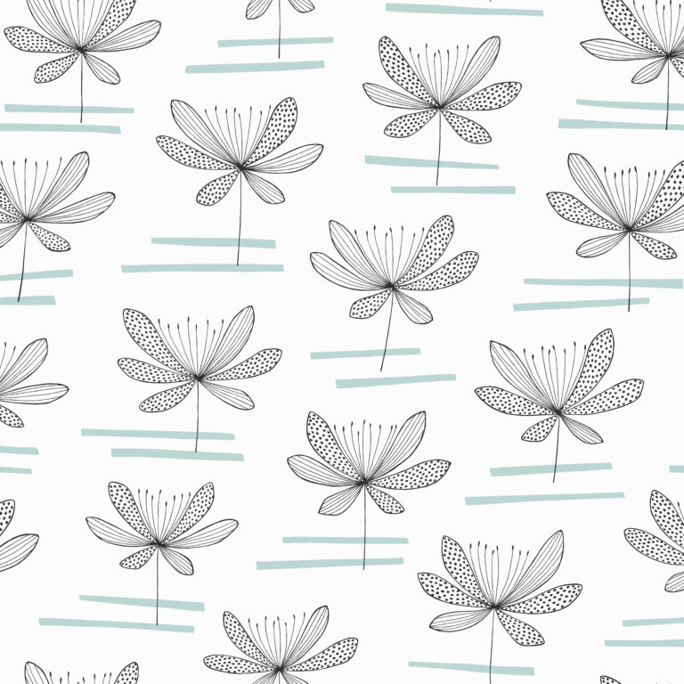 Green and white wallpaper with a retro, floral pattern