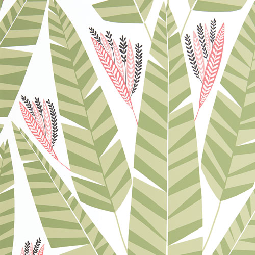 Green Wallpaper with Leaves, Retro Pattern