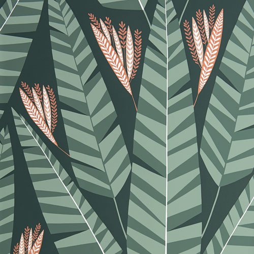 Green Wallpaper with a Retro Leaf Pattern