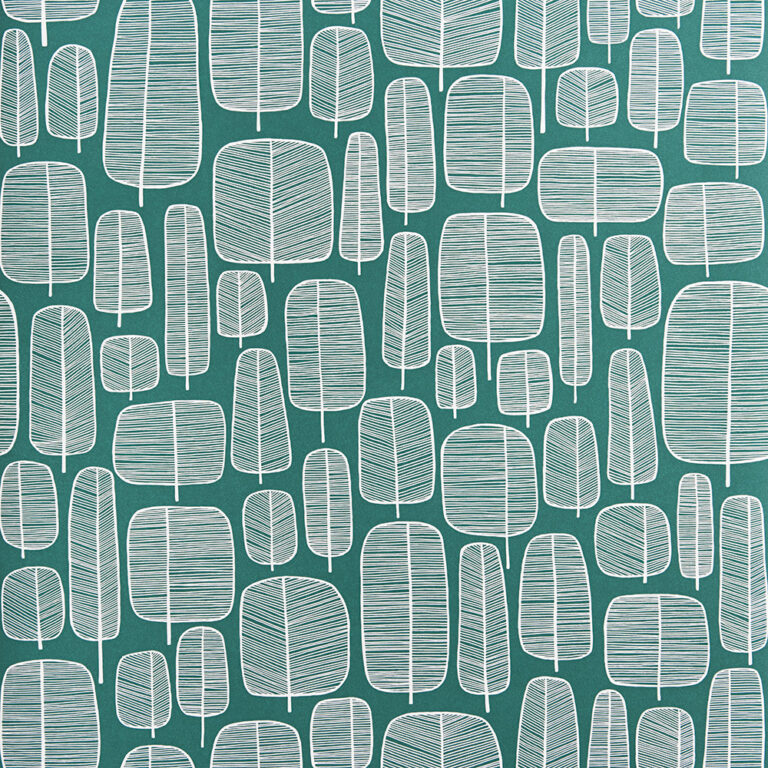 Green Wallpaper with Retro, Forest Pattern