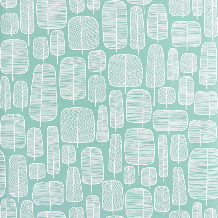 Turquoise Wallpaper with Retro and Forest Patterns