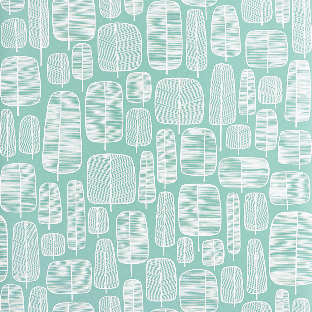 Turquoise Wallpaper with Retro and Forest Patterns