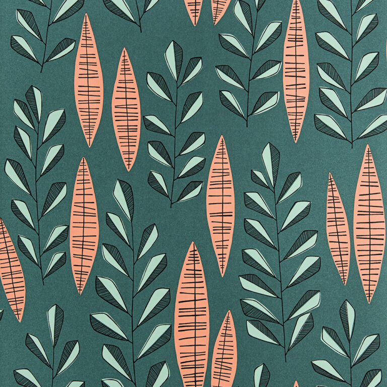 Turquoise Wallpaper with Leaves, Retro Pattern