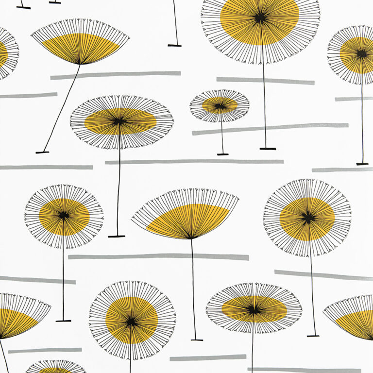 White, Yellow Wallpaper with Floral, Retro Pattern