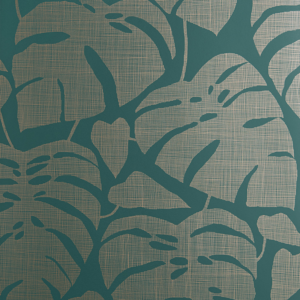 Green, Blue, Gold Wallpaper with Leaves, Retro Pattern
