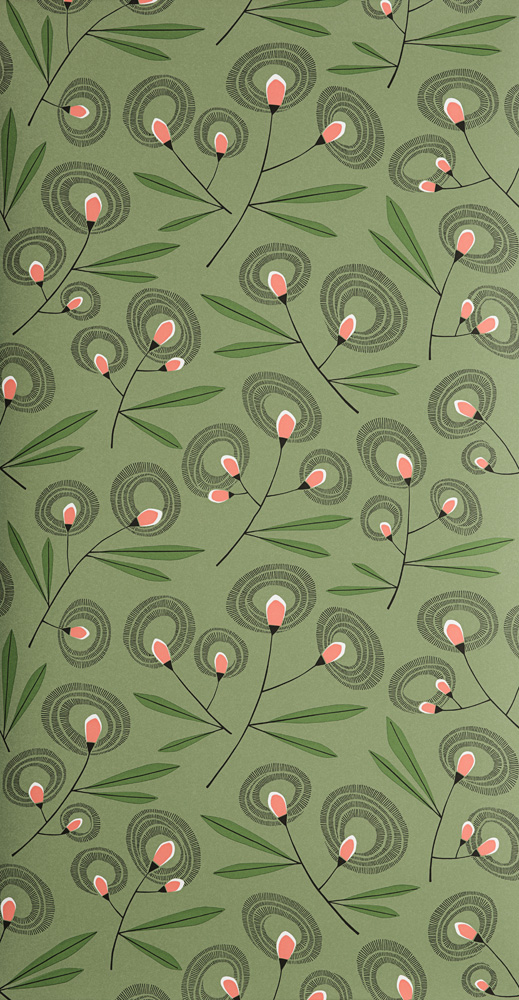 Green wallpaper with a floral, retro pattern
