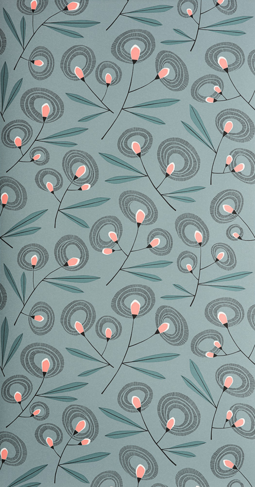 Turquoise wallpaper with a floral, retro pattern