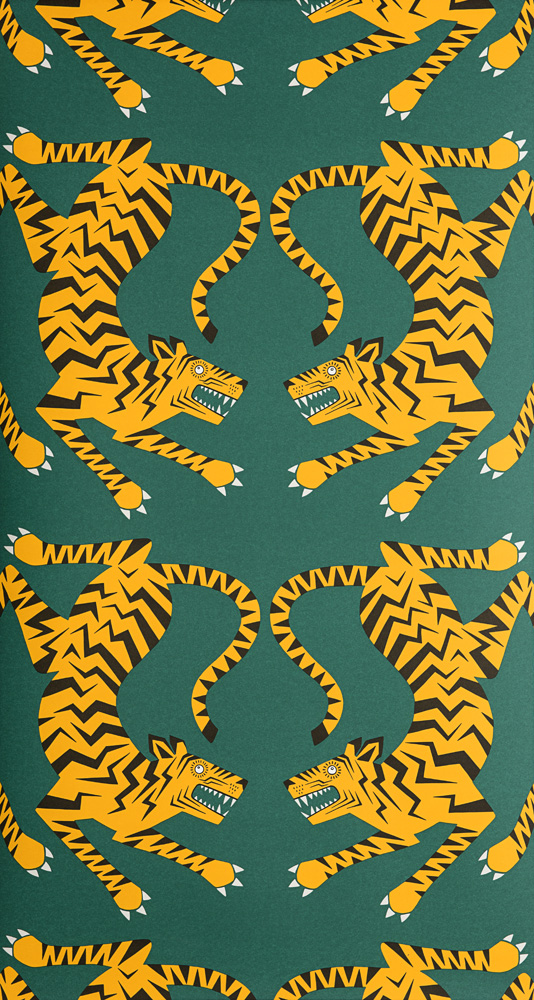 Green wallpaper with animal patterns