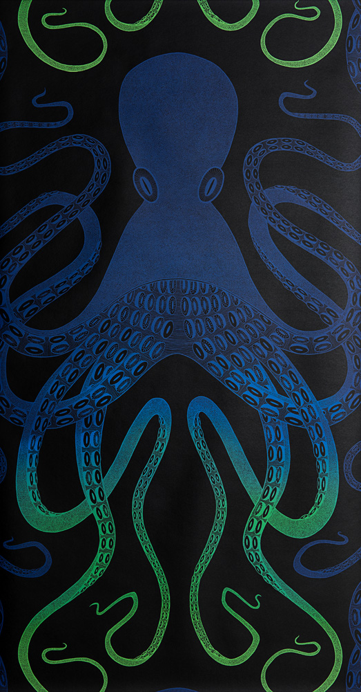 Blue Wallpaper with Animals, Large-Scale Pattern