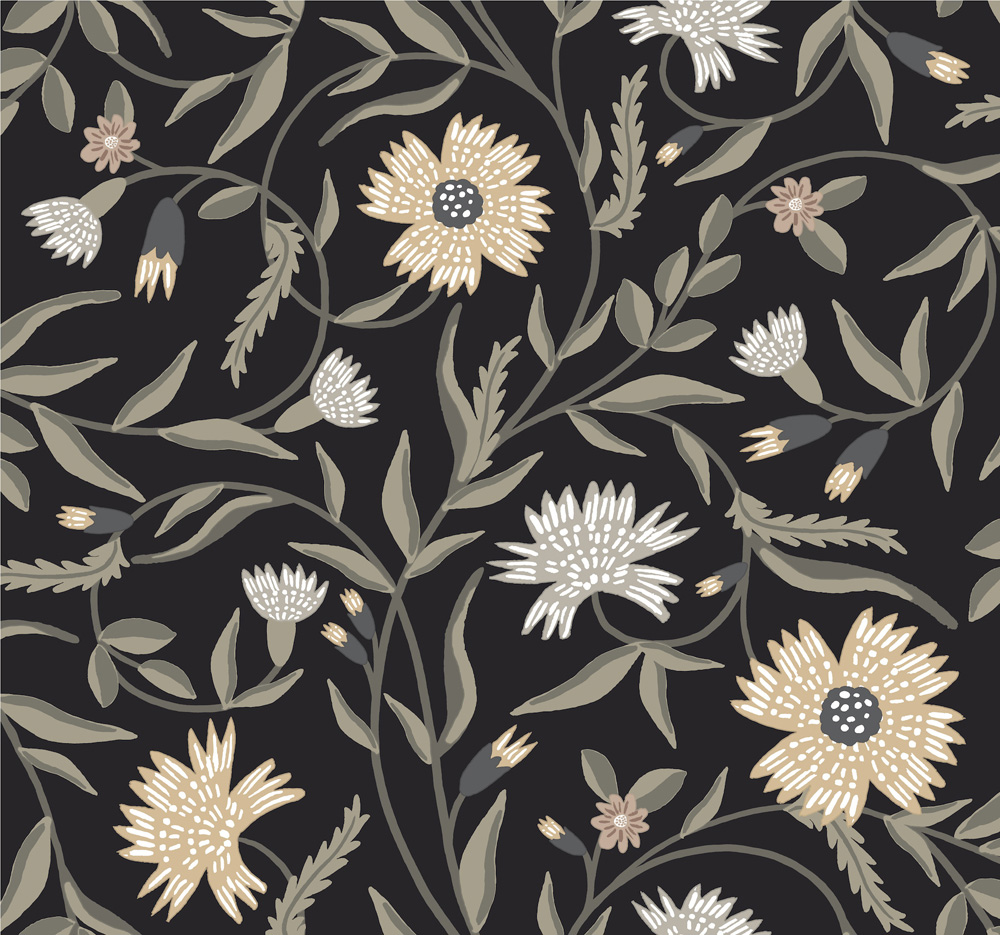 Black Wallpaper with Leaves, Floral Pattern