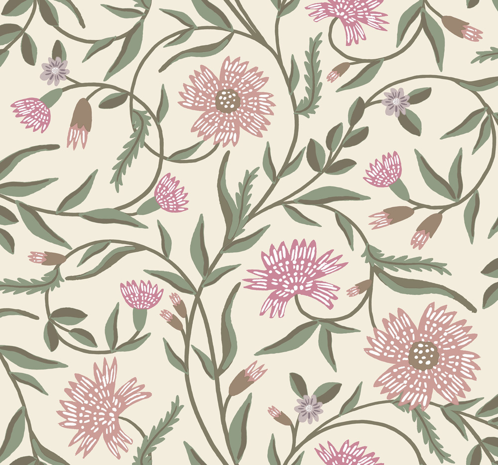 Pink Wallpaper with Leaves, Floral Pattern