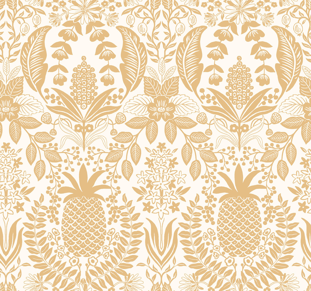 Gold Wallpaper with Fruit and Medallion Patterns