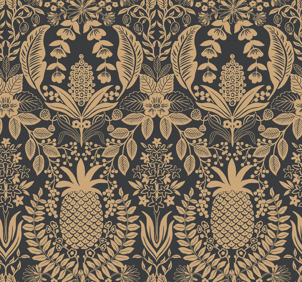 Black and Gold Wallpaper with Fruit and Medallion Patterns