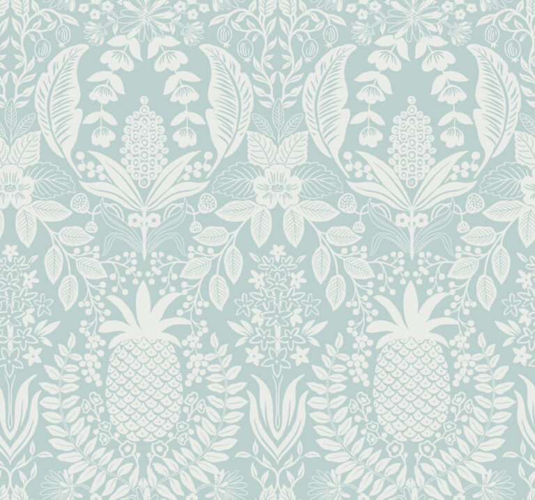 Blue Wallpaper with Fruit and Medallion Patterns