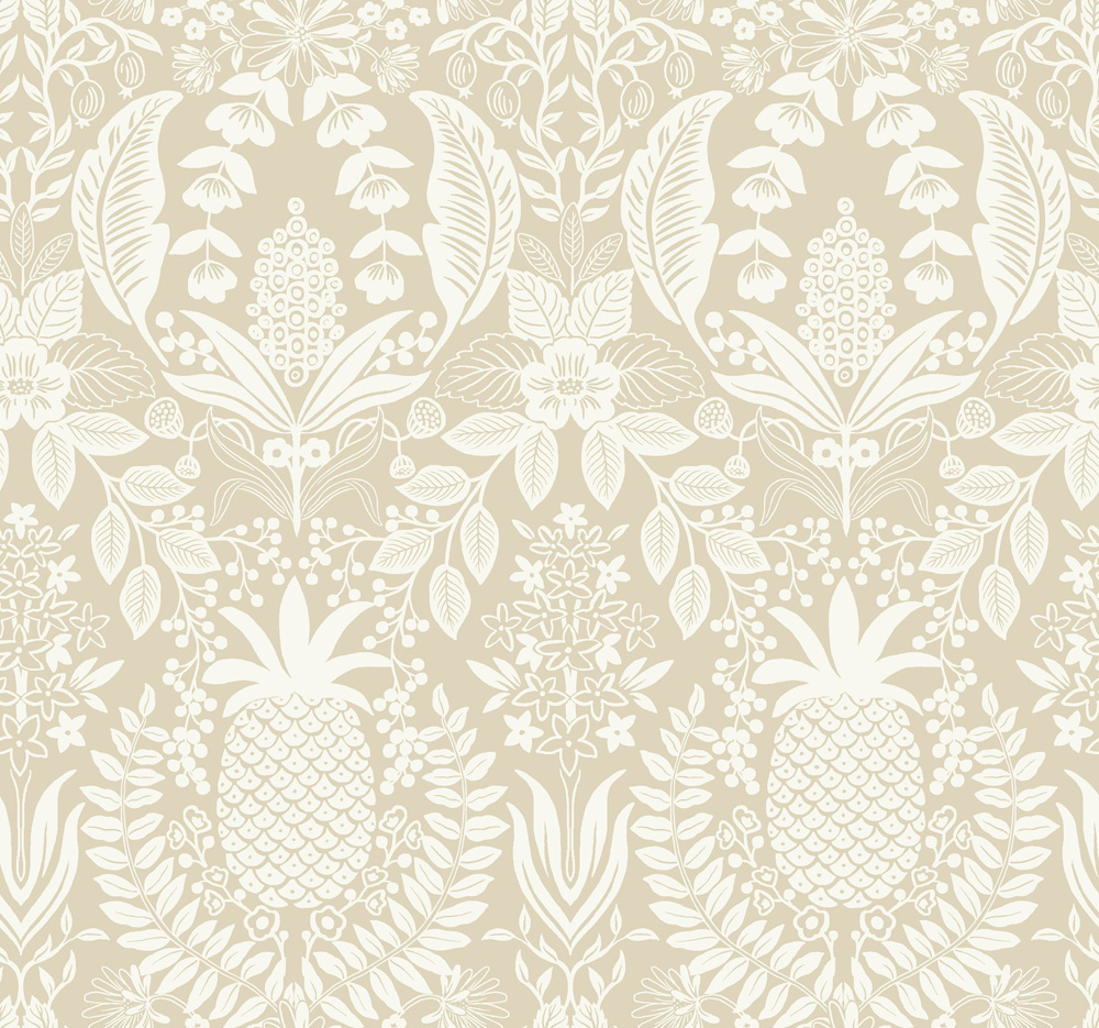 Beige Wallpaper with Fruit and Medallion Patterns