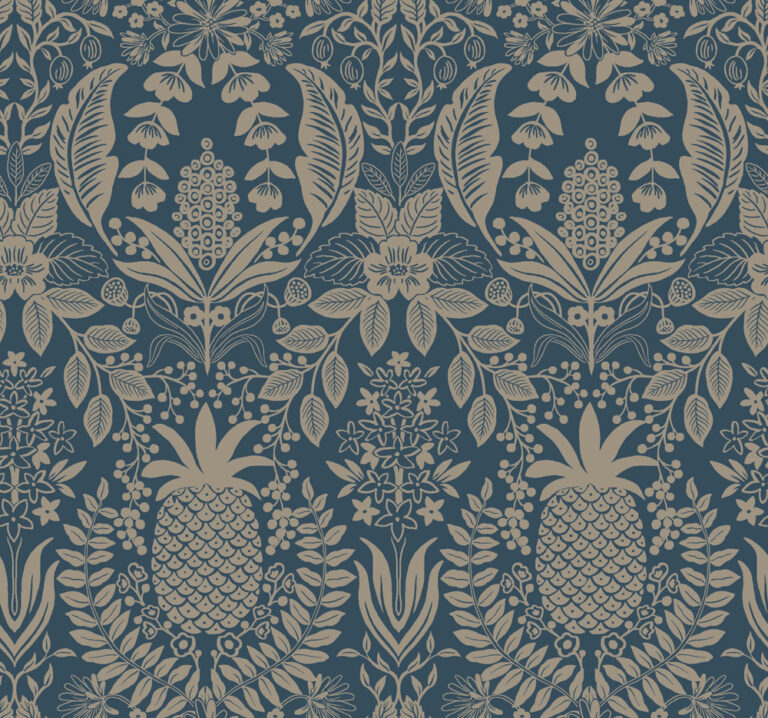 Blue Wallpaper with Fruit and Medallion Patterns