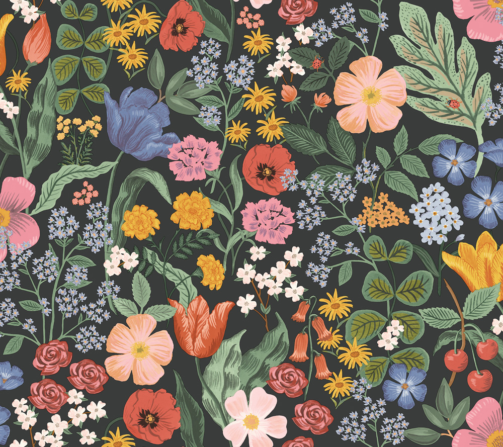 Multicolored, Black Wallpaper with a Floral Pattern