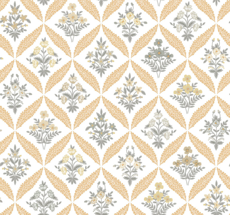 Guld, Neutral tapet med Blommigt, Rutigt mönster
