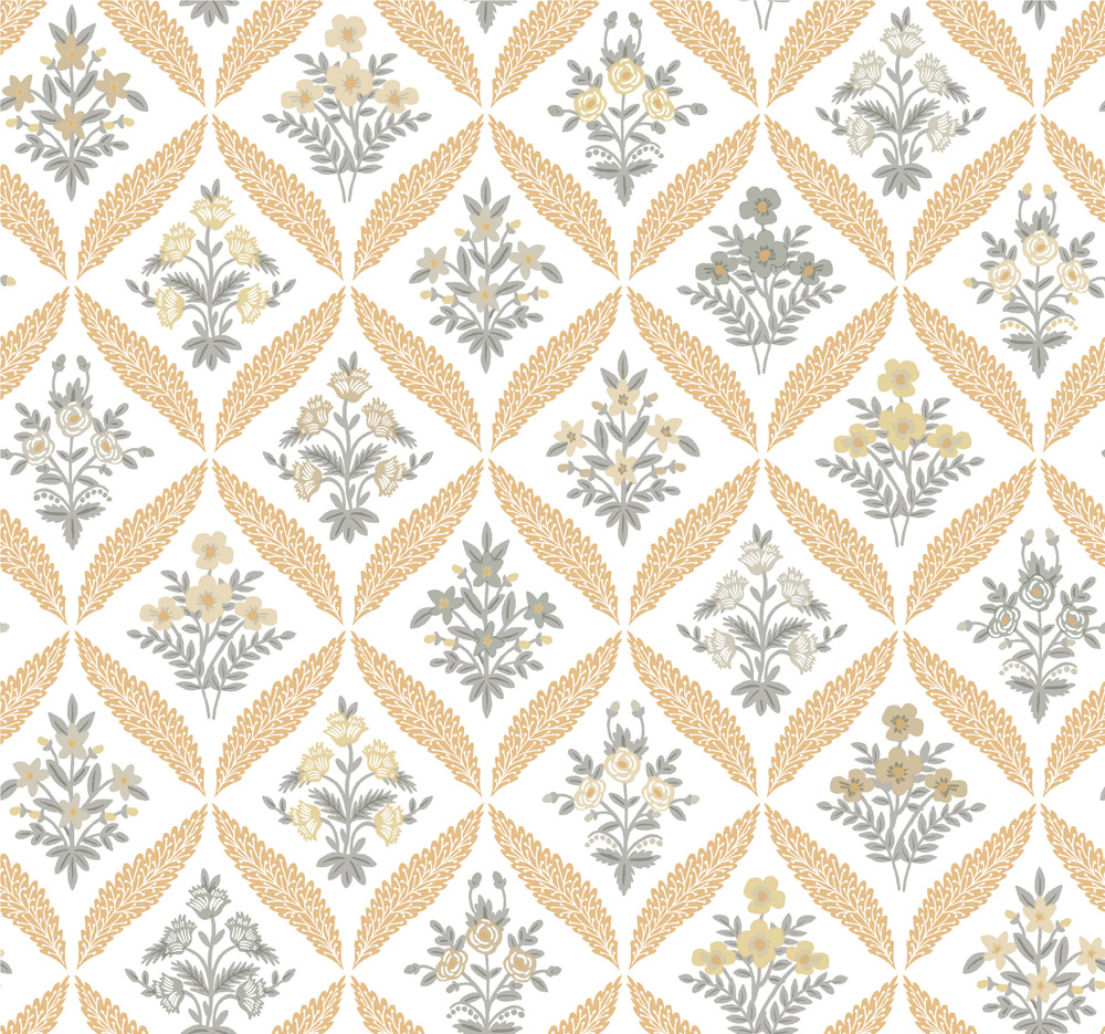 Guld, Neutral tapet med Blommigt, Rutigt mönster