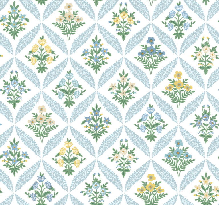 Blue Wallpaper with a Floral, Retro Pattern