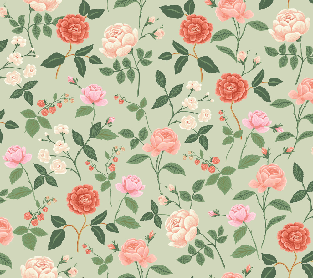 Green wallpaper with a floral pattern