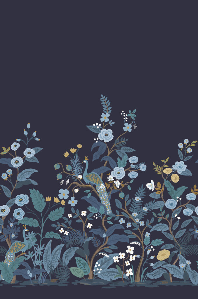 Blå tapet med Blommigt, Fåglar, Fototapet mönster