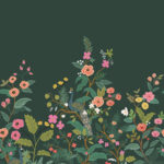 Grön tapet med Blommigt, Fåglar, Fototapet mönster