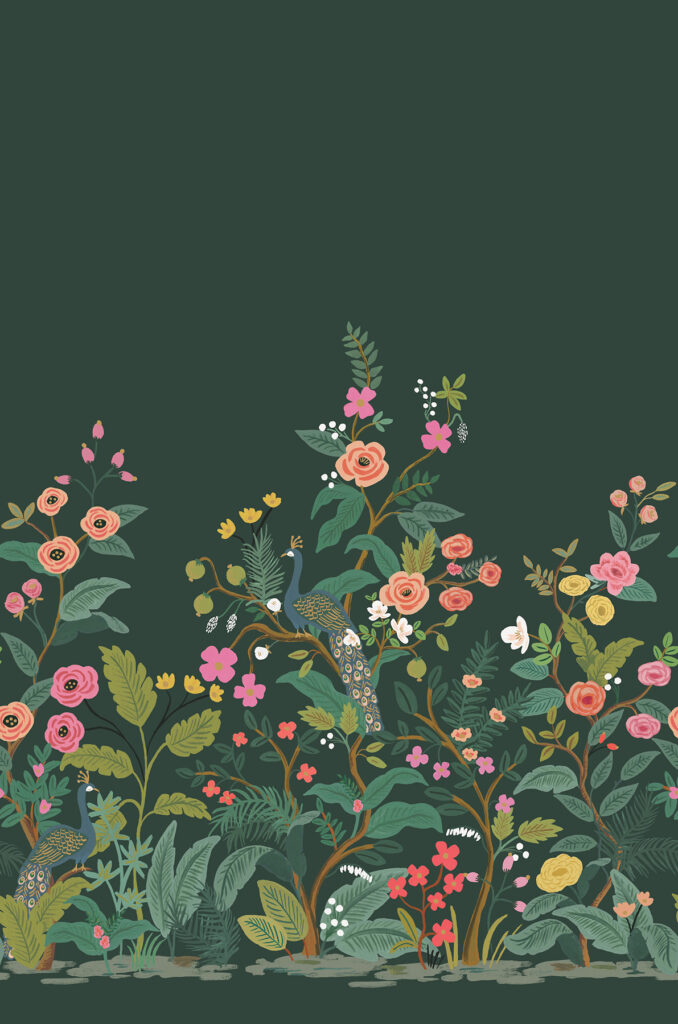 Grön tapet med Blommigt, Fåglar, Fototapet mönster