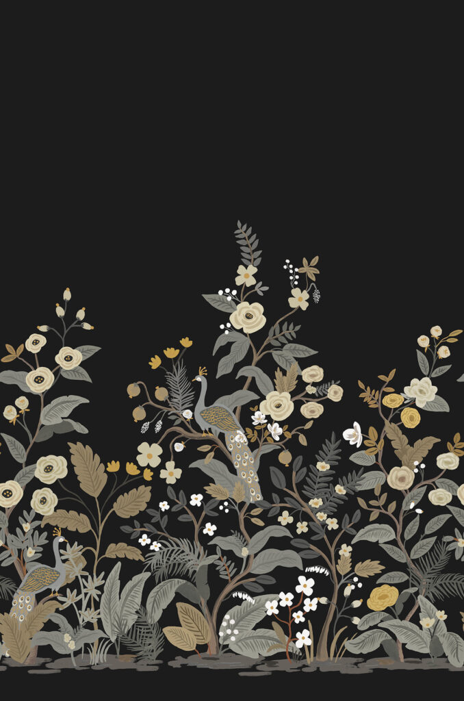 Svart, Neutral tapet med Blommigt, Fåglar, Fototapet mönster