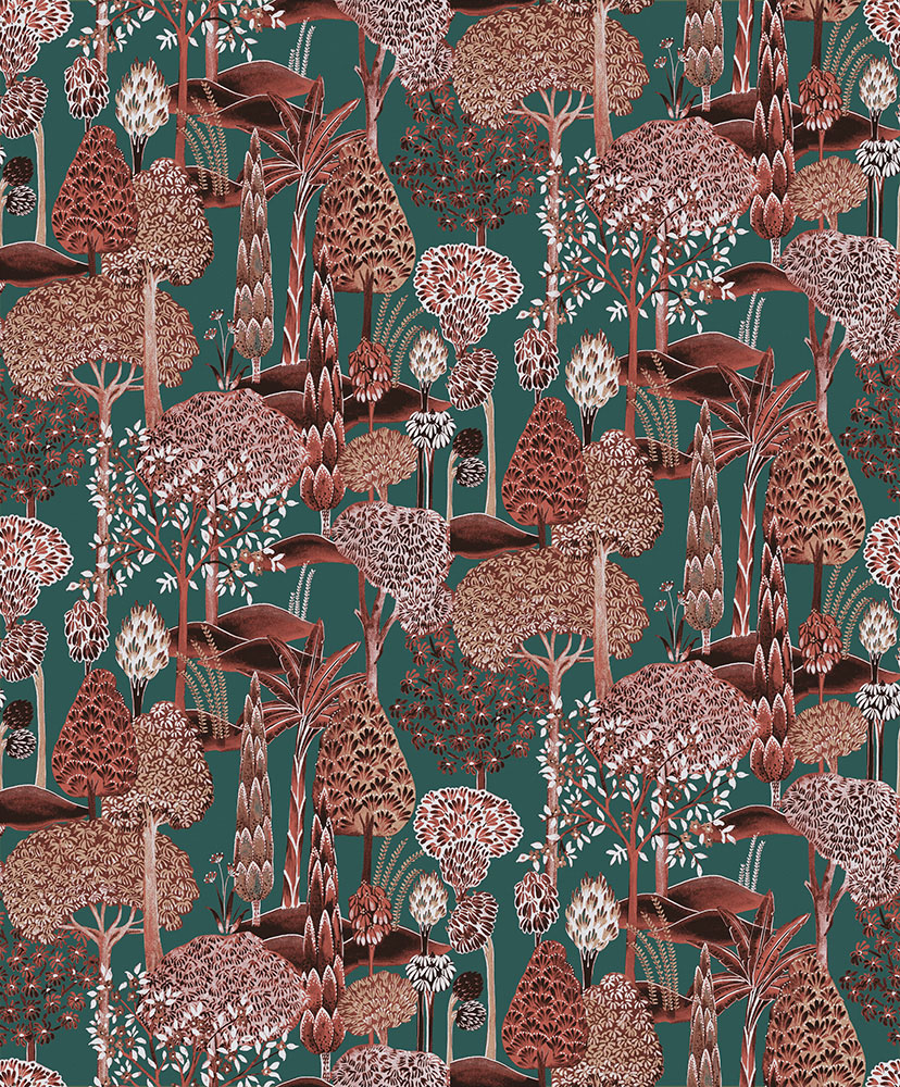 Red and Green Wallpaper with a Forest Pattern