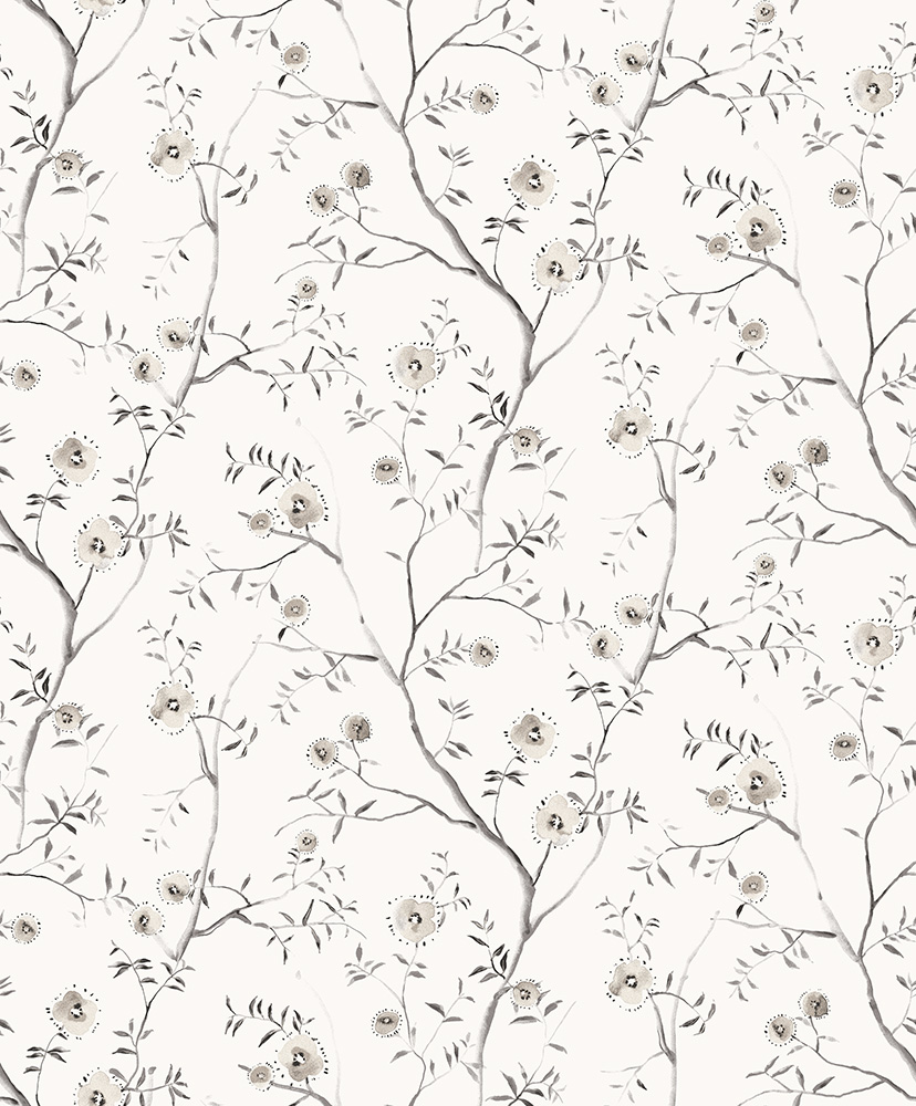 White Wallpaper with Leaves, Floral Pattern