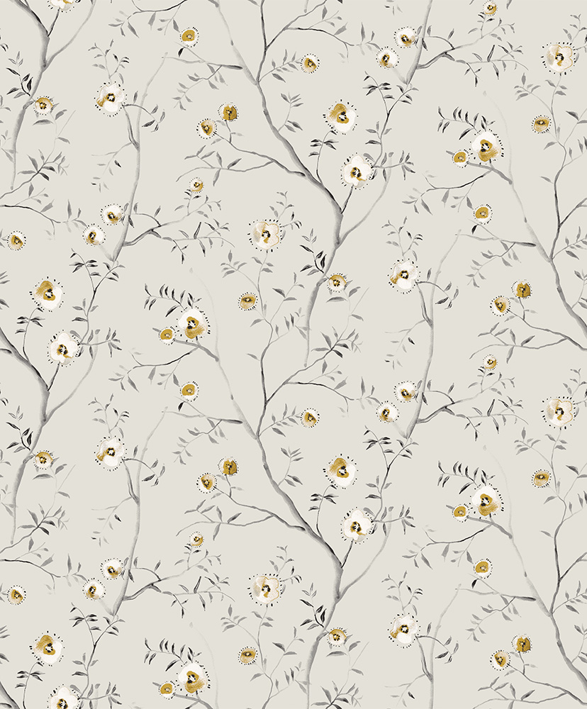 Gray wallpaper with a floral and leaf pattern