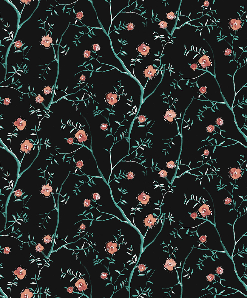 Black and Turquoise Wallpaper with Leaves and a Floral Pattern