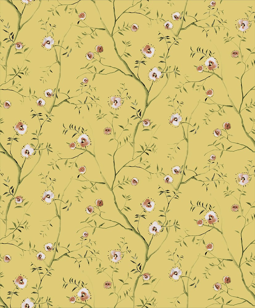 Yellow wallpaper with a floral pattern
