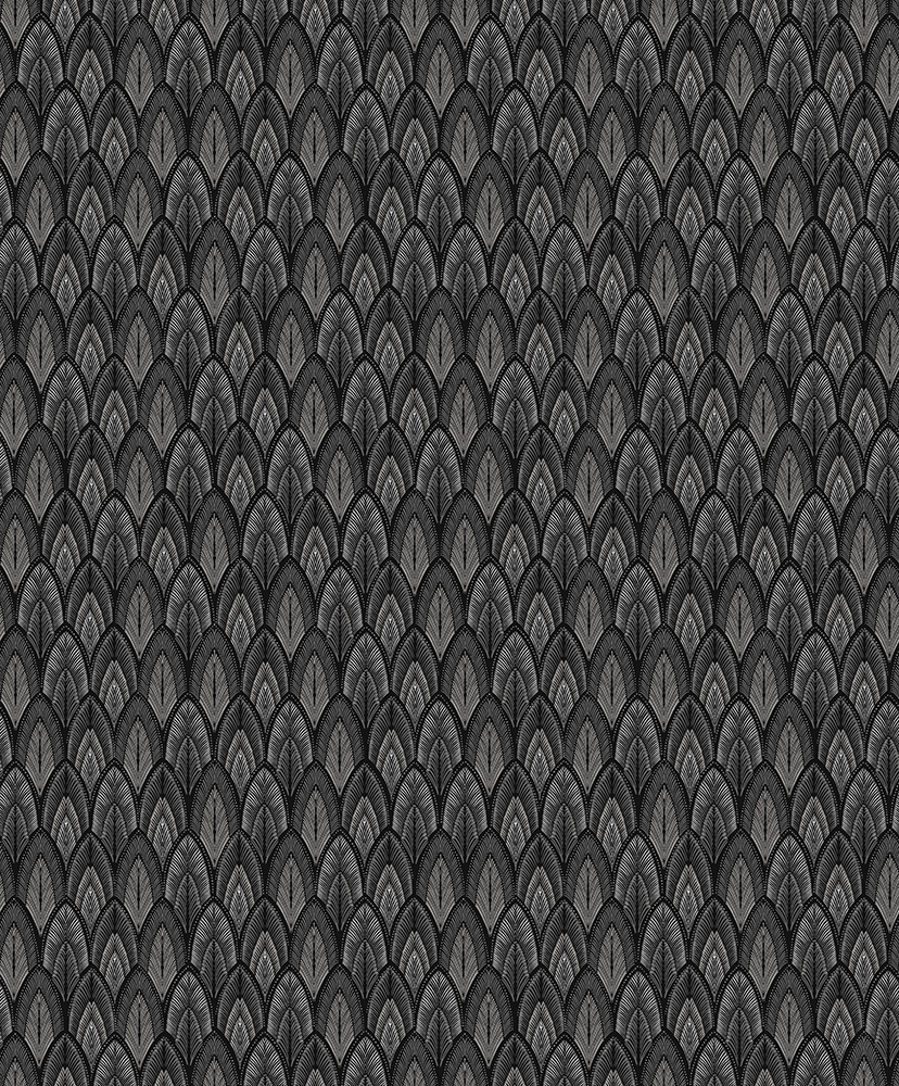 Black Wallpaper with Leaves, Geometric Pattern