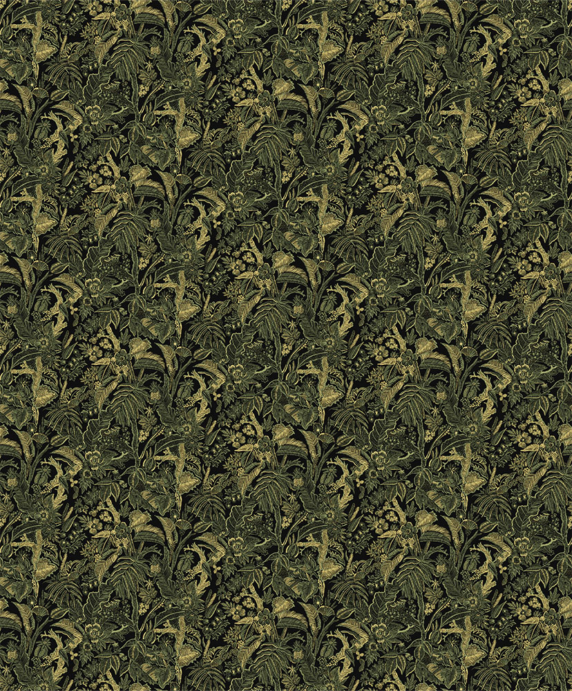 Black and Green Wallpaper with Floral and Leaf Patterns