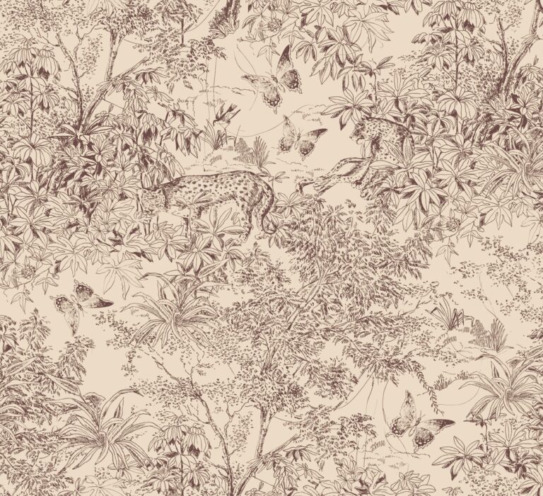 Beige wallpaper with a forest and animal pattern